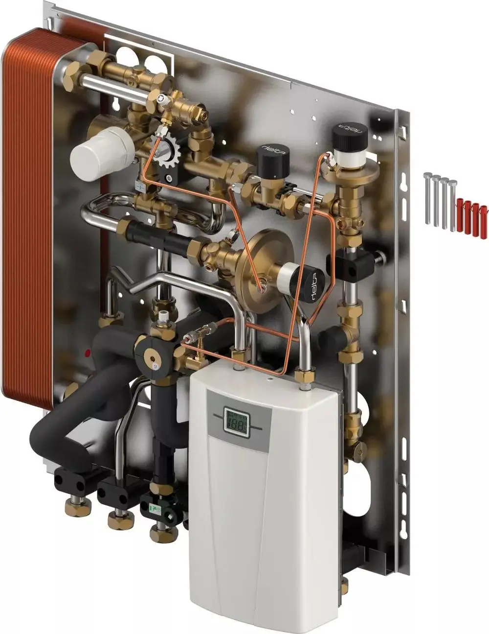 Uponor Hybridstation mit unterschiedlichen Rohrleitungen, Ventilen und einem digitalen Display zur Steuerung, montiert auf einer Metallplatte.